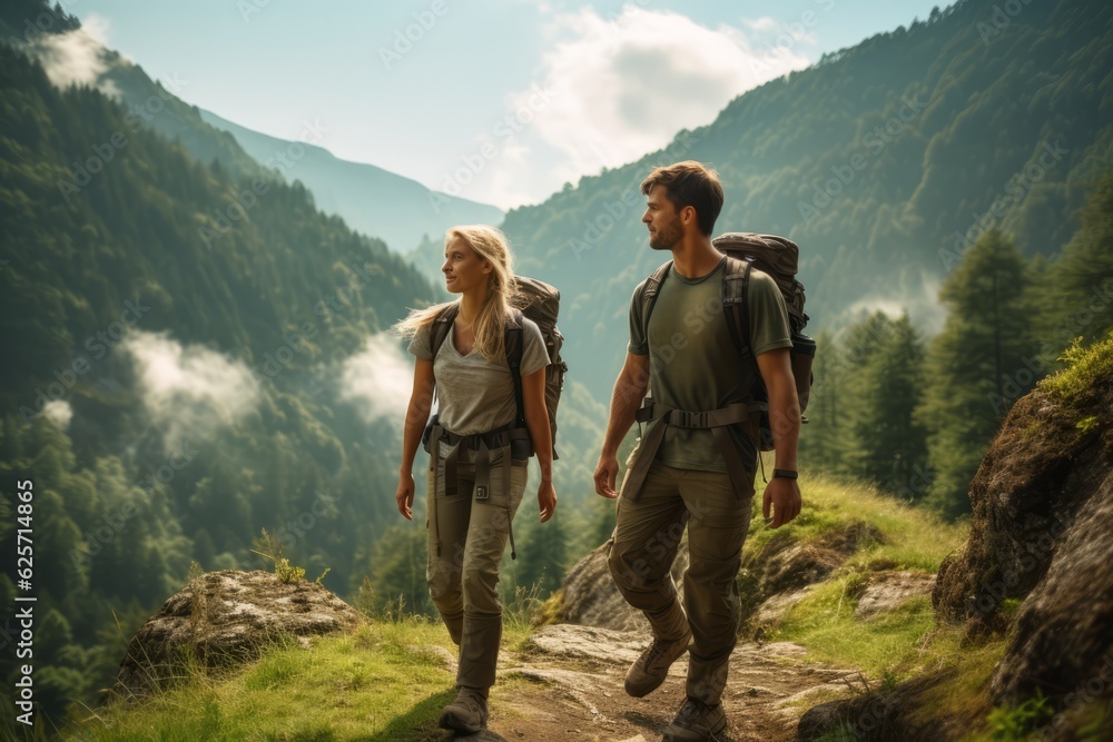 a couple young hiking in the mountains in summer with energetic expression