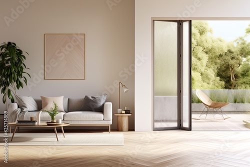 White folding door opens to a parquet floored, minimalist living room with a large window, a sofa, and other furnishings. The background is blurred.