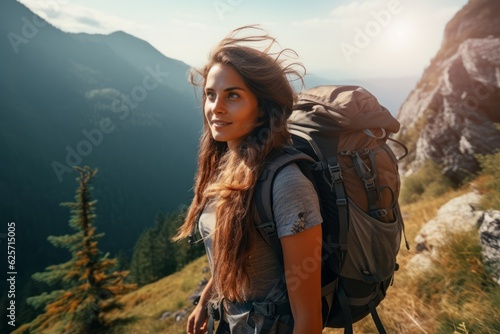 young caucasic woman with a backpack doing trekking in the mountains on a sunny day