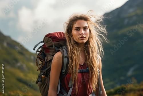 young caucasic woman backpacker doing trekking in the mountains on a sunny day
