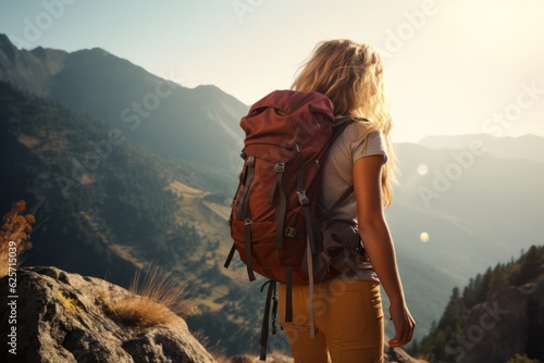 beautiful young woman with a backpack hiking in the mountains looking to the horizon