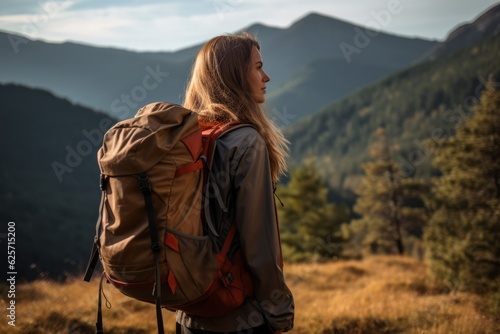 young caucasic woman with a backpack doing trekking in the mountains on a sunny day