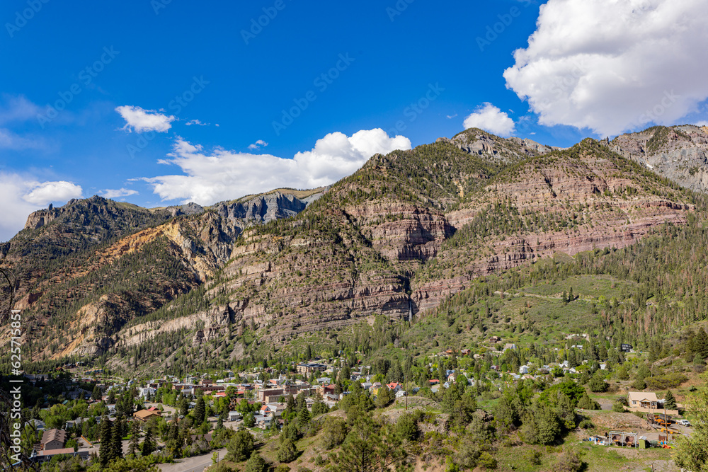 Sunny high angle view of the Ouray town