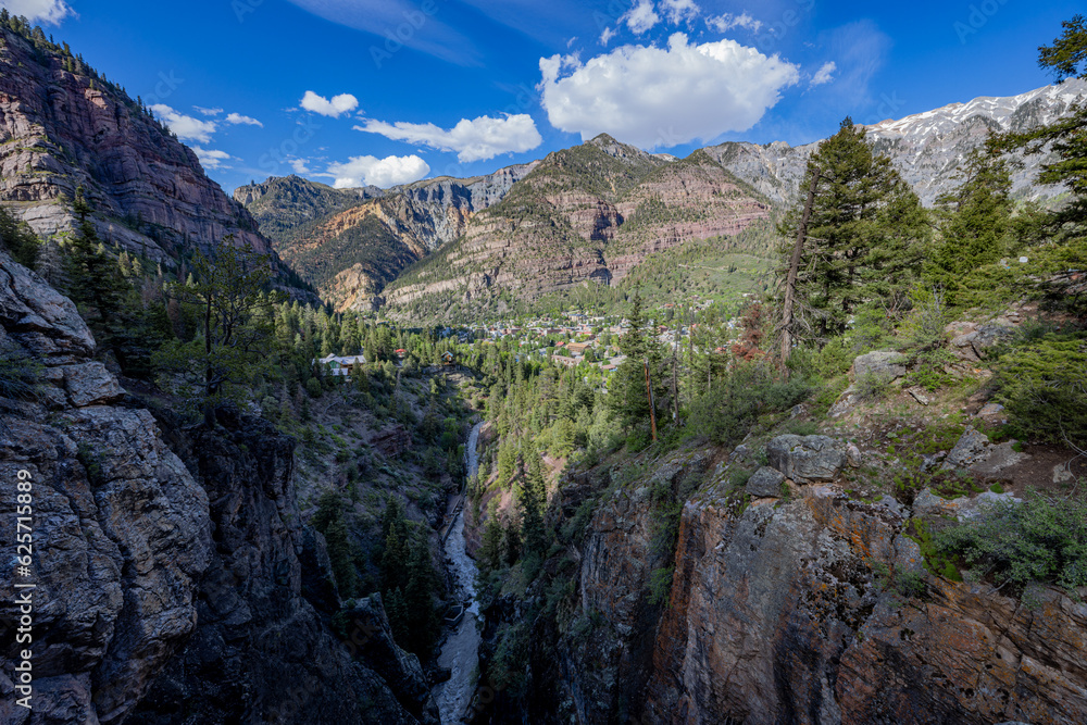 Sunny view of creek landscape around Ouray