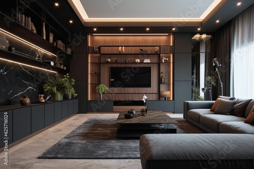 modern living room with dark walls and TV on cabinet, © 2rogan