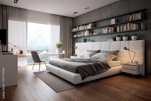 Interior of a bedroom with a wooden floor and walls made of white and gray brick. A home office area with a computer desk and bookcases is located next to the double white and gray bed. mock-up in © 2rogan