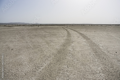 Fototapeta Naklejka Na Ścianę i Meble -  Traces from car racing on a dry lake and salt marsh in the Kazakh steppe, a panorama of the desert and the dry bottom of the lake