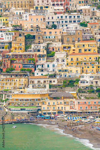 Panoramic view of Positano, Italy along the Amalfi Coast.