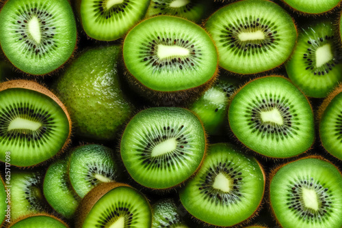 Top view of heap of sliced kiwi as textured background. Ai generated.