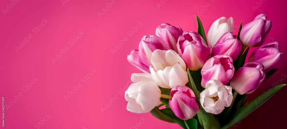 Banner with Bouquet of pink and white tulips closeup on pink background.Mothers day,Valentines Day,Birthday celebration concept. Greeting card.Copy space for text,top view.Generated by AI