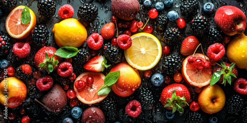Mix berries and fruits. Berries and fruits background. Ripe strawberries, cherries, apricots red currants and peaches. Various fresh summer. Ai generated. © zamuruev
