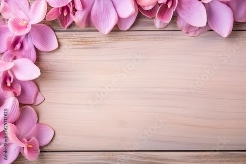 Vintage frames, rose and orchid blossoms, and a wooden background with a blank space for a photo or writing. looking up. Lay flat. Copy space
