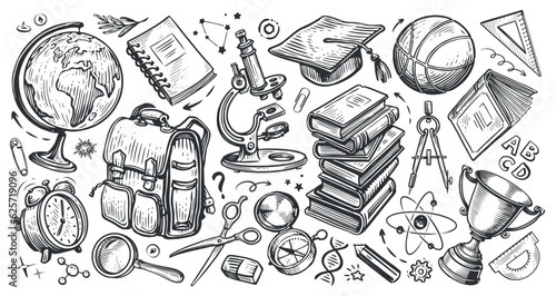 School concept. Collection of education items. Hand drawn sketch doodle vector illustration