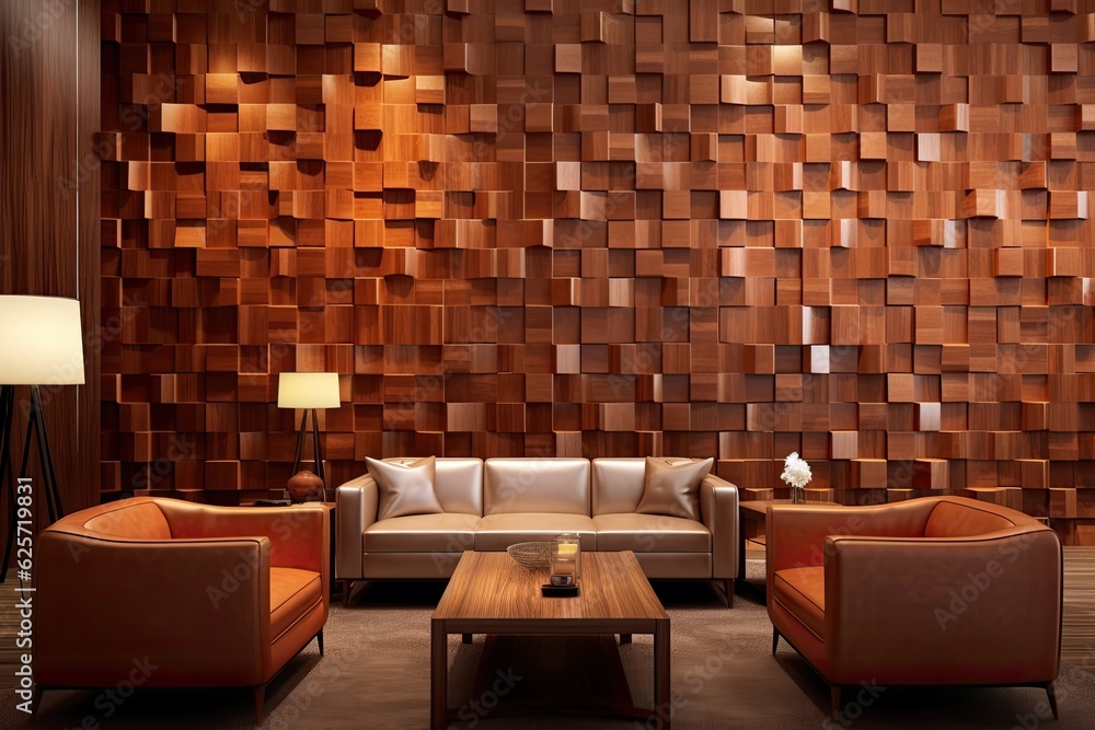 Interior of a contemporary living room with wooden wall panels and a ...