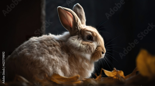 Image of a furry rabbit in macro lens. Cute little rabbit on green grass in sunshine day. Closeup portrait of a cute little rabbit selective focus pet. Realistic 3D illustration. Generative AI
