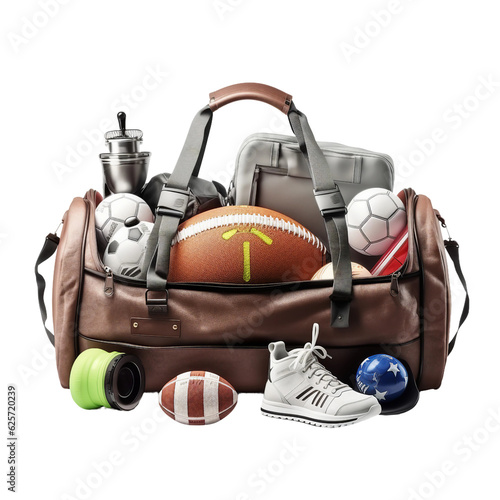 Sports equipment in a sports bag. isolated object, transparent background