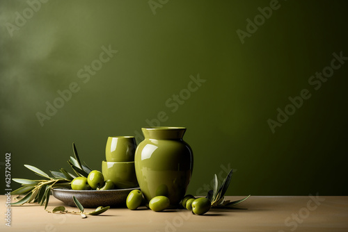 Olive fruits and jug of olive oil on a table, copyspace. Generative AI photo