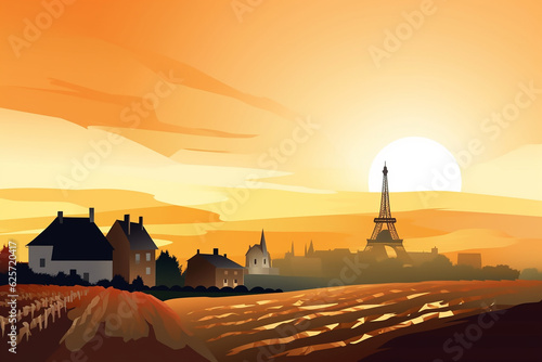 Greeting card with french symbols vineyards and Eiffel tower. Generative AI