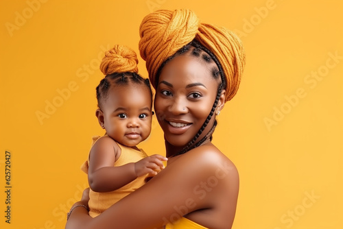 Pretty young afro-american woman with a baby on the yellow background. Generative AI