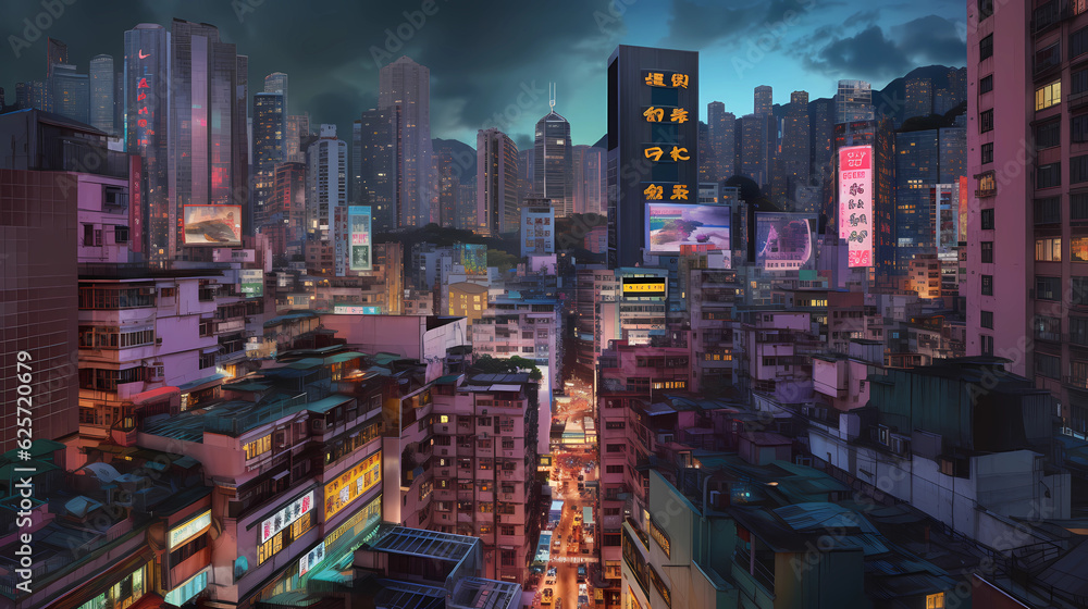 Obraz premium As twilight descends, a modern metropolis comes alive with a captivating display of lights. The city skyline is adorned with skyscrapers, their glass facades reflecting the warm hues of the setting su