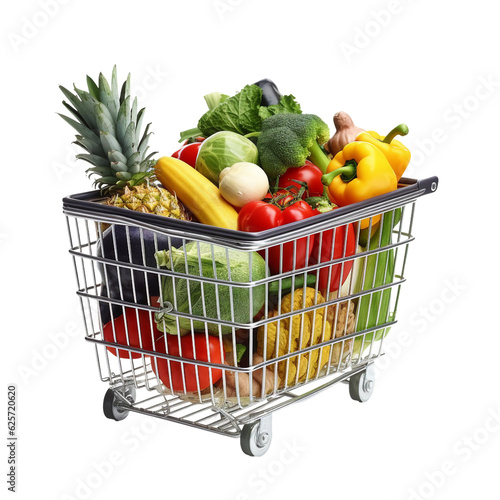 Supermarket goods in a shopping cart. isolated object, transparent background
