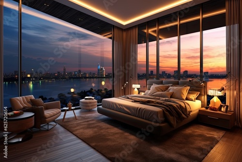 Stylish, luxurious room with many windows. Design bedroom with sunset and dazzling night illumination. illustration.