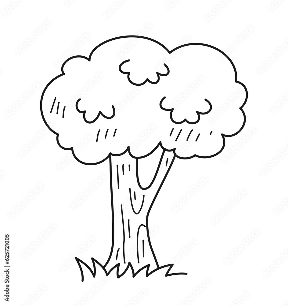 Doodle coloring page. Outline black and white sketch with tree and grass in hand drawn style. Nature, forest and landscape concept. Linear flat vector illustration isolated on white background