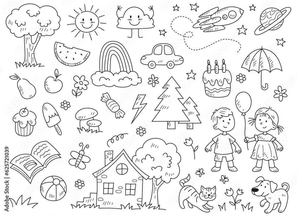 Doodle coloring page set. Outline sketch with kids and smiling sun, rainbow and cloud, planet and spaceship, sweets and fruits, cat and dog. Linear flat vector collection isolated on white background Doodle coloring page set. Outline sketch with kids and smiling sun, rainbow and cloud, planet and spaceship, sweets and fruits, cat and dog. Linear flat vector collection isolated on white background