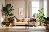 Modern Scandinavian living room furnishings include a sofa, coffee table, and plants. Stylish carpet and brown oak parquet flooring. beautiful, basic apartment.