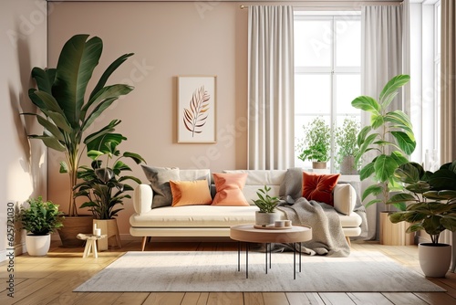 Modern Scandinavian living room furnishings include a sofa, coffee table, and plants. Stylish carpet and brown oak parquet flooring. beautiful, basic apartment. © 2rogan