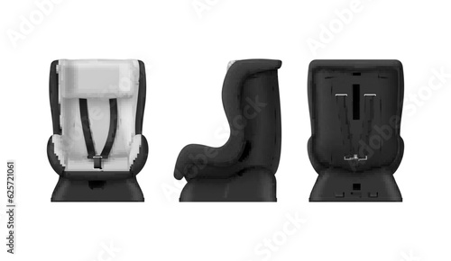 Baby car seat kids transportation safety chair front side back view set realistic vector