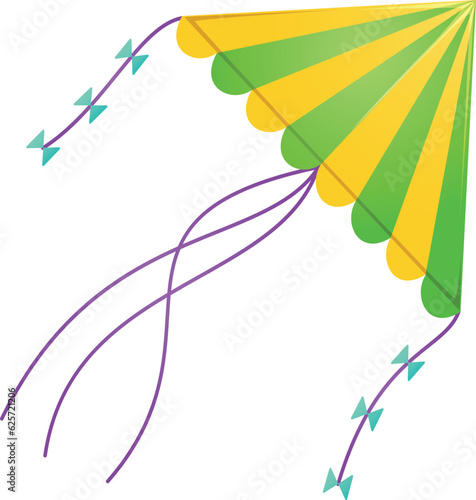 Kids paper kite striped air wind flying entertainment toy with tissue ribbon vector flat