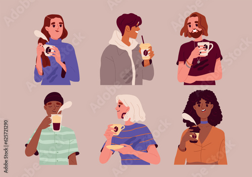 People drink coffee set. Friendly characters in coffee shop with mugs and paper cups drinking beverages. Portraits of young smiling men and women. Cartoon flat vector collection isolated on background