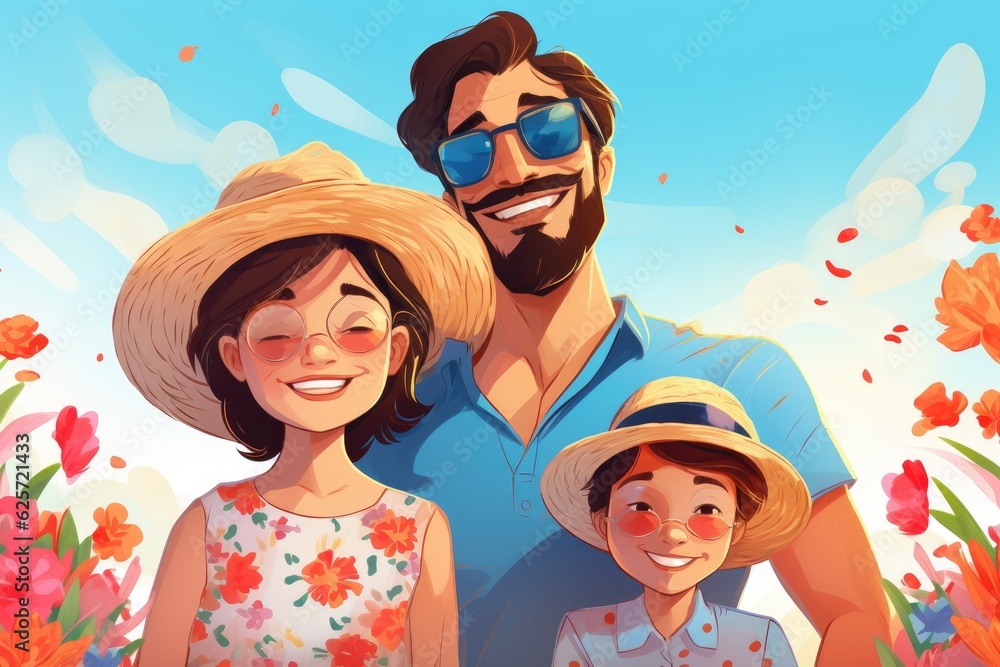 Happy cartoon family on the beach during summer created by generative ai