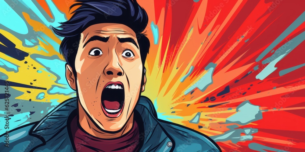 Ecstatic comic Asian male yells on vibrant pop art backdrop, Generative AI