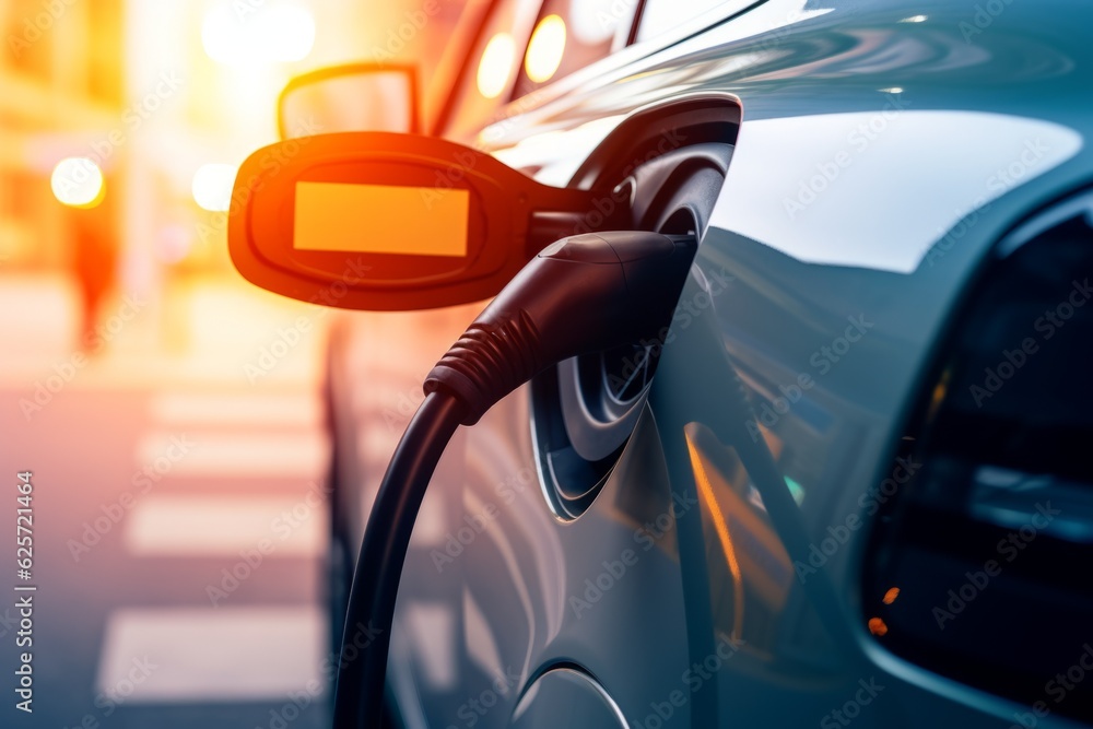 Charging EV car electric vehicle clean energy for driving future. Background with copy space Charging EV car electric vehicle clean energy for driving future. Background with copy space