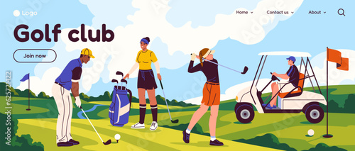 Landing page with golf club. Website with smiling people golfer and sports. Horizontal banner with happy characters playing on field with golf sticks in nature. Cartoon flat vector illustration