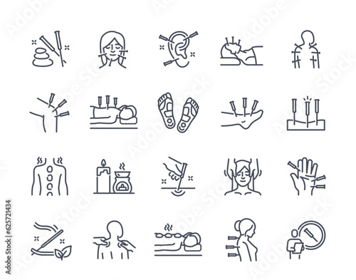 Outline acupuncture icons set. Oriental medicine with spa treatments for body and health care. Stickers with massage, hot stones and aroma sticks. Linear flat vector isolated on white background