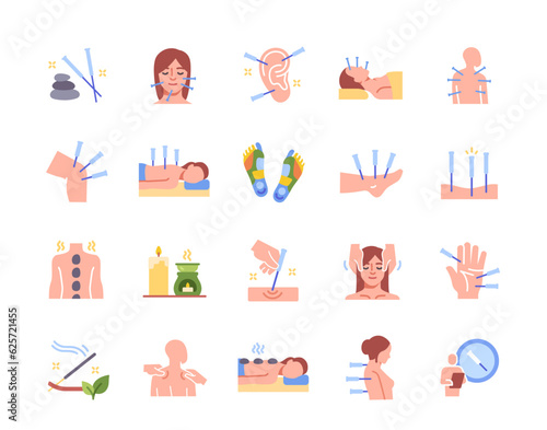Acupuncture icons set. Stickers with spa treatments and massages, aroma stick, candle and patches. Health and body care with oriental medicine. Cartoon flat vector isolated on white background