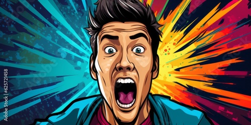 Ecstatic comic Asian male yells on vibrant pop art backdrop, Generative AI