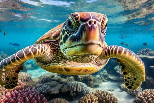 Beautiful turtle under sea water. AI generated, human enhanced.