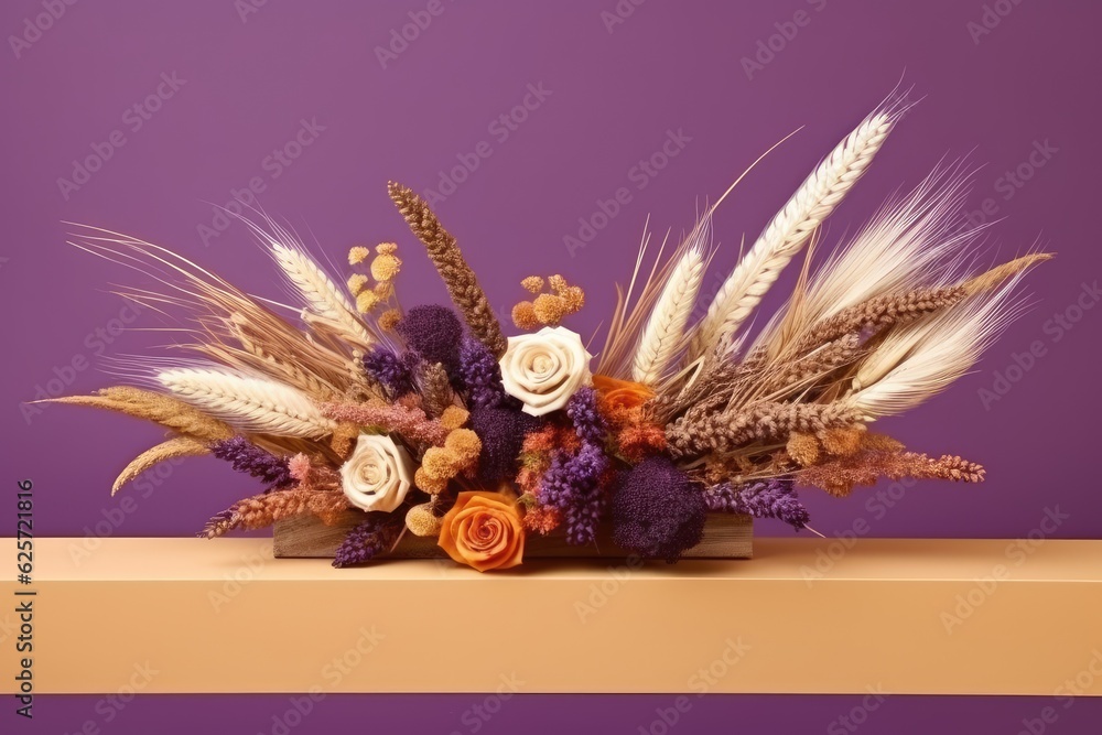 Autumnal dried flower arrangement on a wooden table with a purple background. Thanksgiving mockup for product display and design