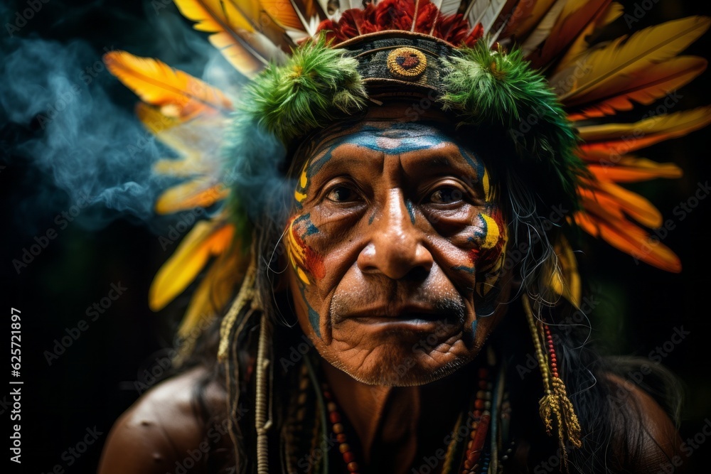 Apache Indian shaman is a native American man. The concept of Columbus day and the discovery of America. Portrait