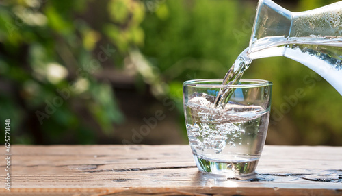 Clean drinking water is poured from a jug into a round glass cup on a wooden table and a light green napkin close-up macro on a green nature outdoors background .