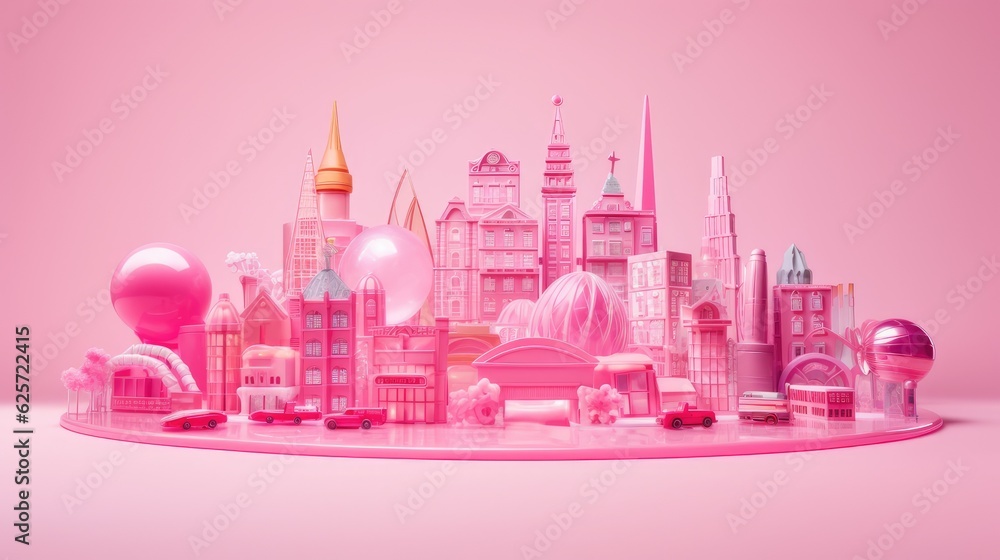 Mini toy city concept isolated on pink. Toy constructor - girly pink city. AI generated