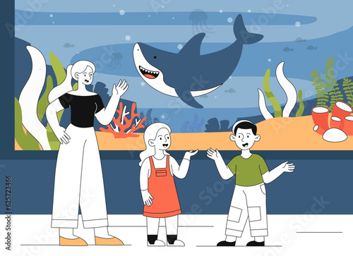 Mother with children in aquarium line