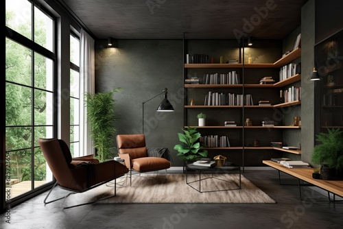 Interior of a dark living room with a concrete floor, an armchair, a coffee table, shelves, and a large window with a view. Scandinavian simple design idea for unwinding and comfort.