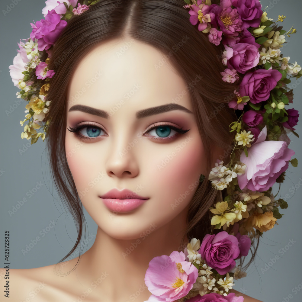 beautiful woman with flowers for advertising perfumes or cosmetics