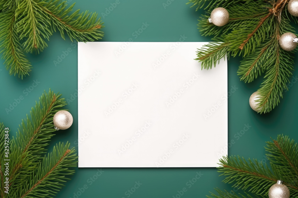 White empty sheet of paper with spruce branches and baubles. White empty sheet of paper with spruce branches and baubles.