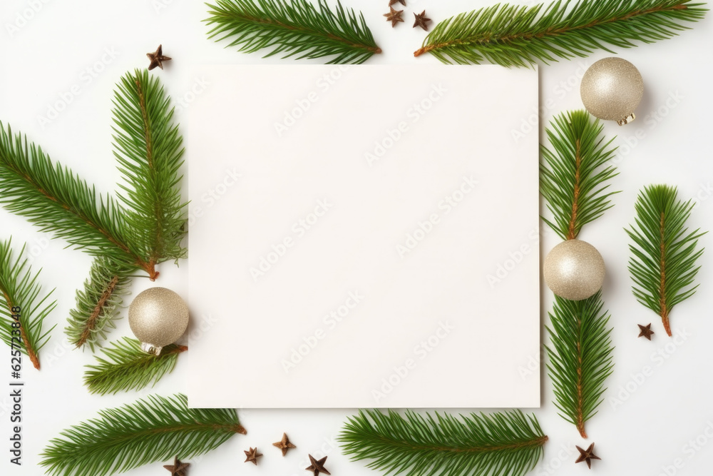 Frame with spruce branches, baubles and stars confetti. Space for text. Frame with spruce branches, baubles and stars confetti. Space for text.